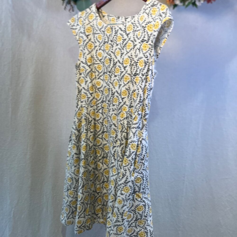 Mata Traders Yellow Floral Hand Block Print Fair Trade Cotton Dress S